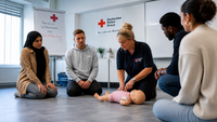 Personen  beim Erste-Hilfe-Training, Puppe