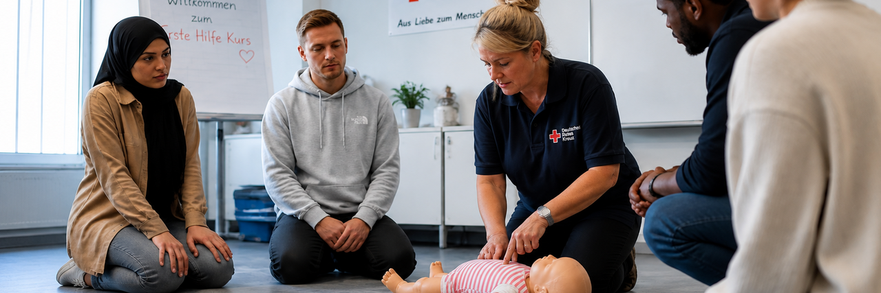 Personen  beim Erste-Hilfe-Training, Puppe